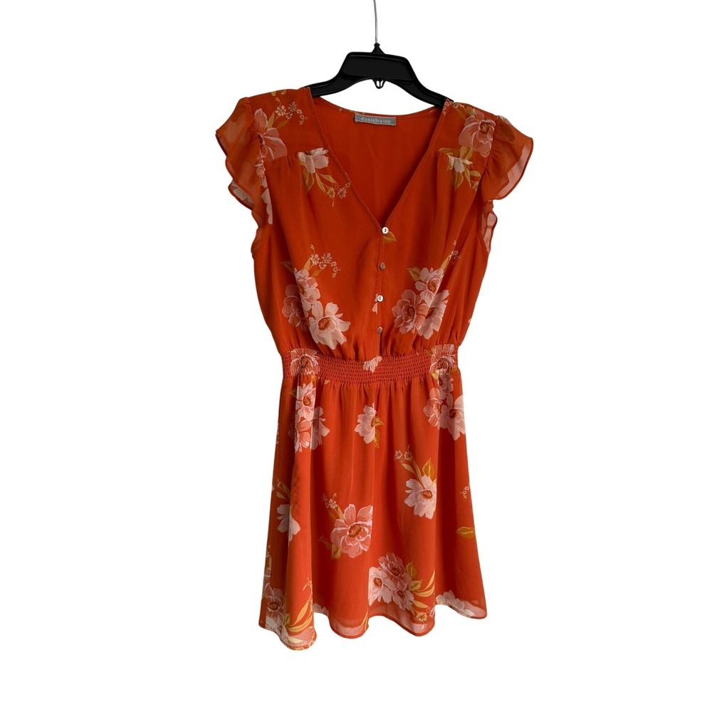 Daniel Rainn Orange Floral V-Neck Smocked Waist Flutter Sleeve Mini Dress
